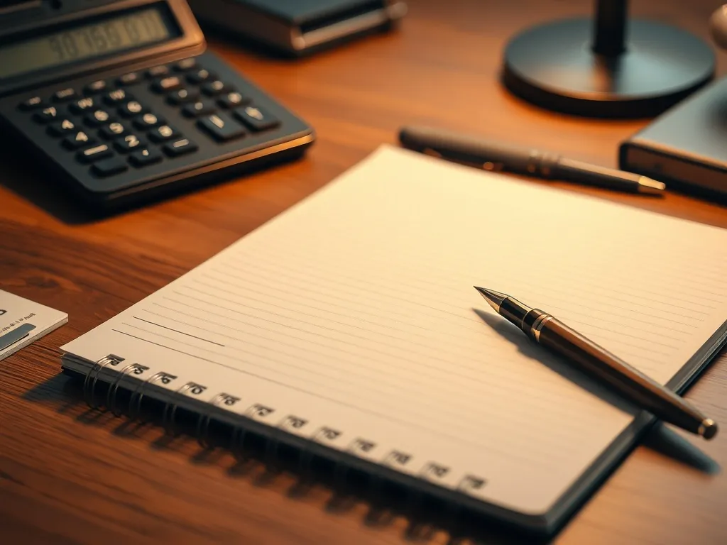 A professional office desk with a notebook, a calculator, an