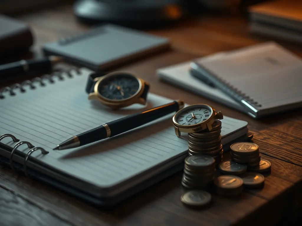 Close-up of a wooden desk with a notebook, a mechanical watc