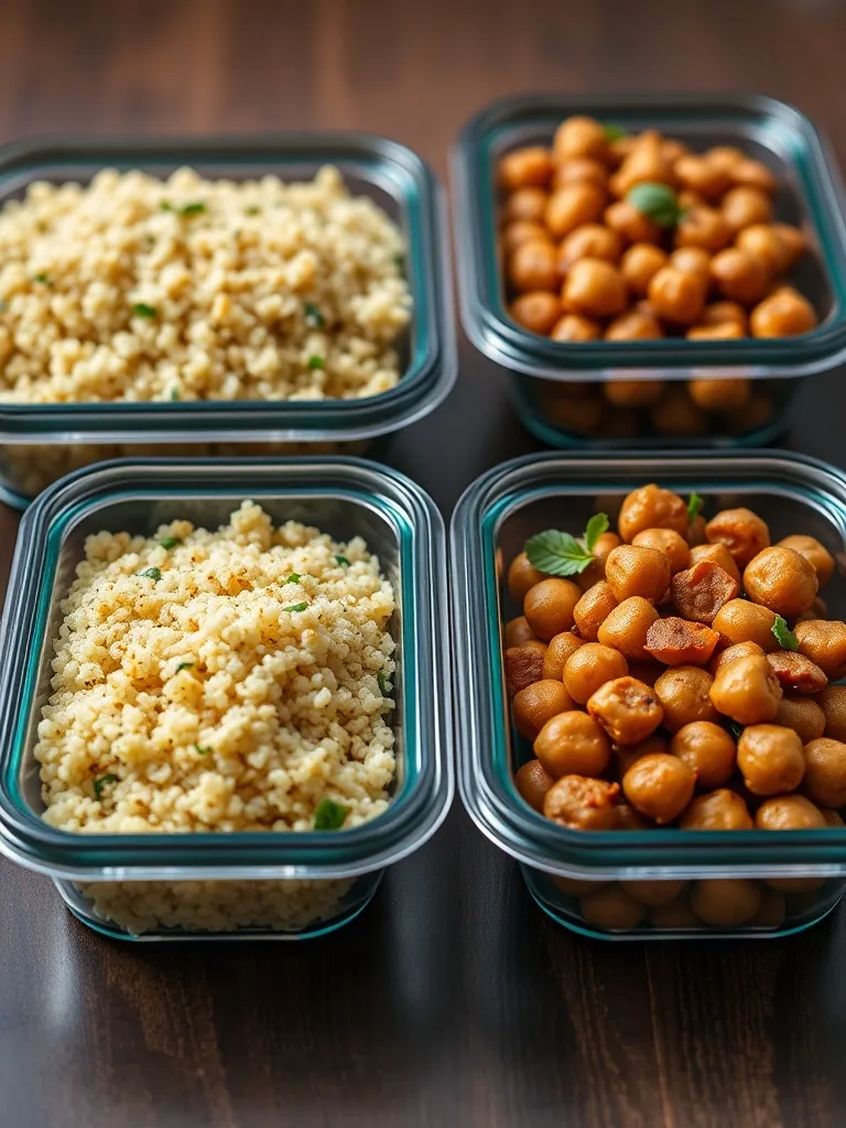 Steamed quinoa and roasted chickpeas in meal prep boxes