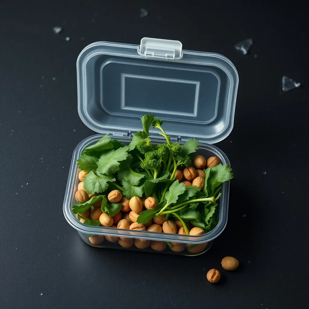 Healthy lunch box with greens and nuts on dark background